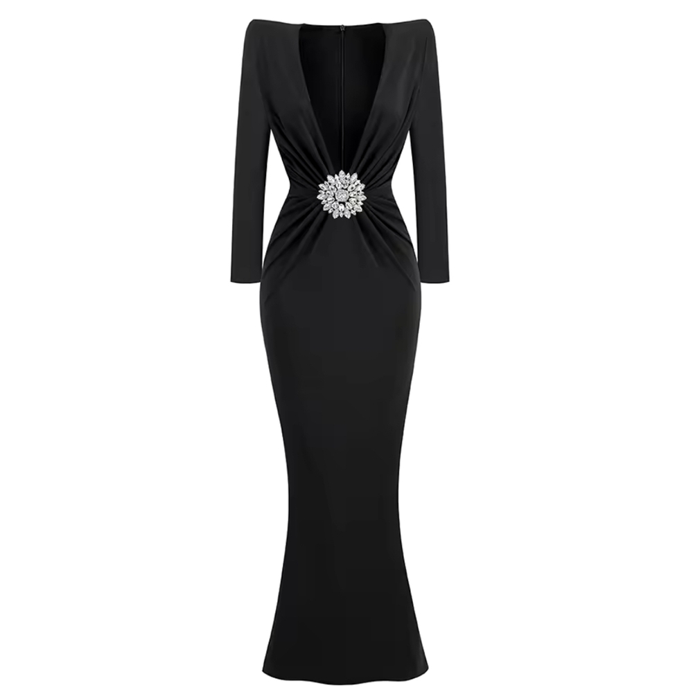 Long Sleeve V Neck Pleated Diamond-encrusted Flower Decorated Bodycon Maxi Dress - Picture 2 of 10